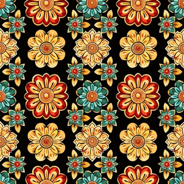 un patrón colorido de flores en un fondo negro