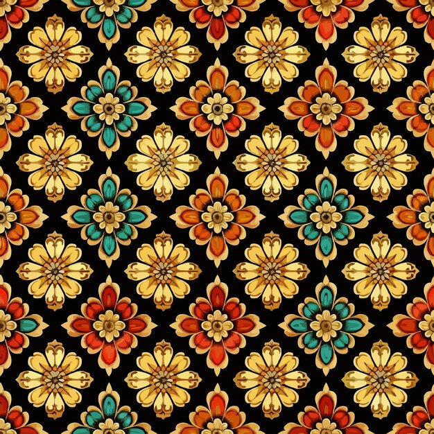 un patrón colorido de flores en un fondo negro