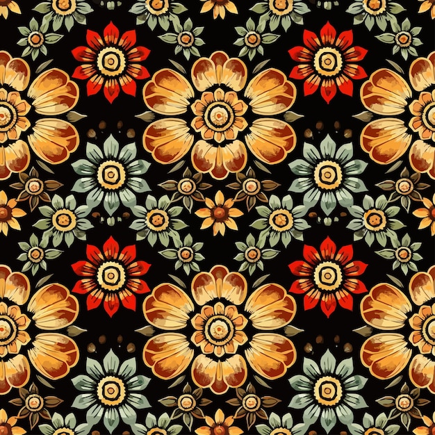 un patrón colorido de flores en un fondo negro