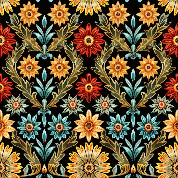 un patrón colorido de flores en un fondo negro