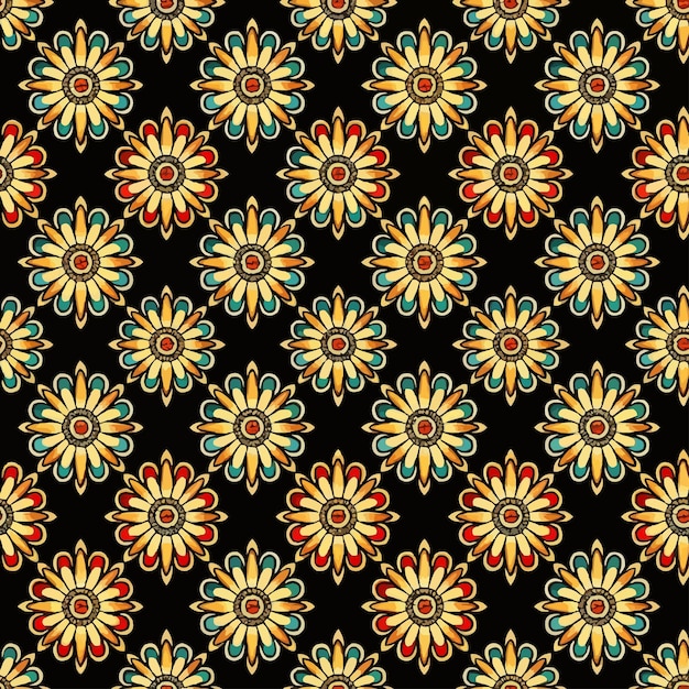 un patrón colorido de flores en un fondo negro