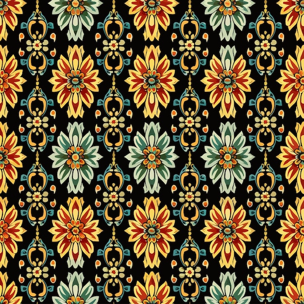 un patrón colorido de flores en un fondo negro