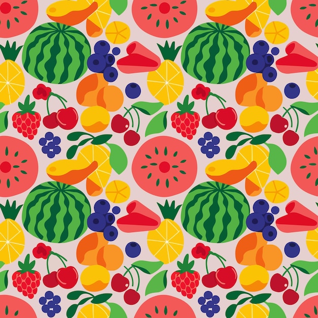 un patrón colorido con frutas y bayas en él