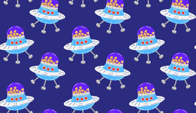 Patrón colorido con un lindo platillo volador lleno de comida para mascotas en el espacio Fondo sin costuras vectorial