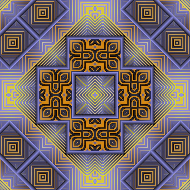 Un patrón colorido con un patrón azul y amarillo con una cruz en el medio.