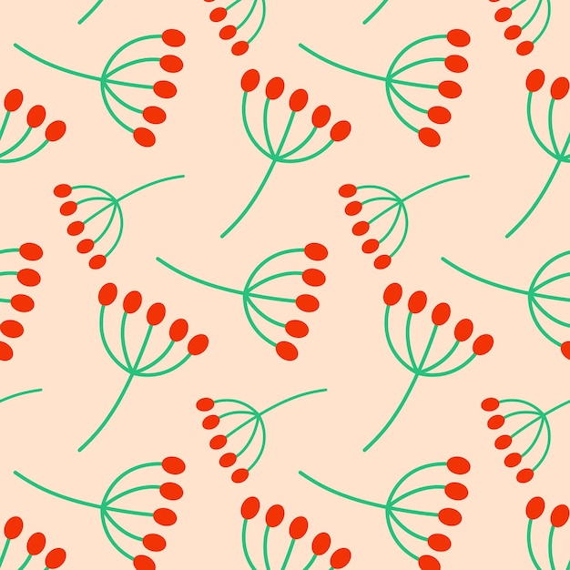 Patrón colorido de plantas simplistas con círculos rojos en tallos verdes contra un fondo claro
