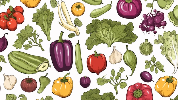 un patrón colorido de verduras que incluye pimientos de berenjena de calabacín y cebollas