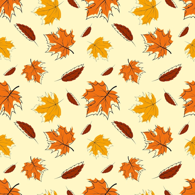 Patrón con coloridos contornos de hojas de otoño y pintura en estilo de dibujos animados