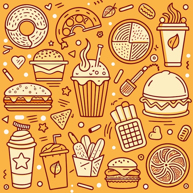 Un patrón de coloridos iconos de comida rápida dibujados a mano