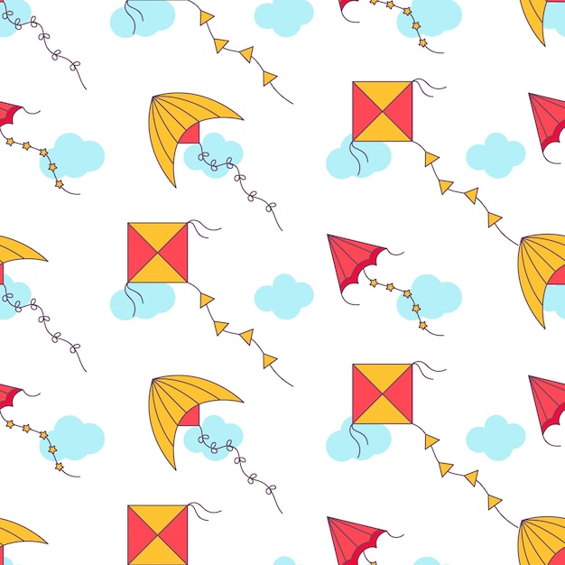 Patrón de cometa. Patrón sin fisuras de cometas. Fondo de cometas voladoras. Estilo de tela retro. Ilustración vectorial.
