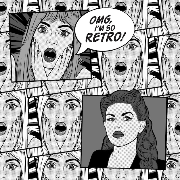 Patrón cómico retro con mujer rubia sorprendida Cara de Wow Concepto Omg Ilustración vectorial de arte pop