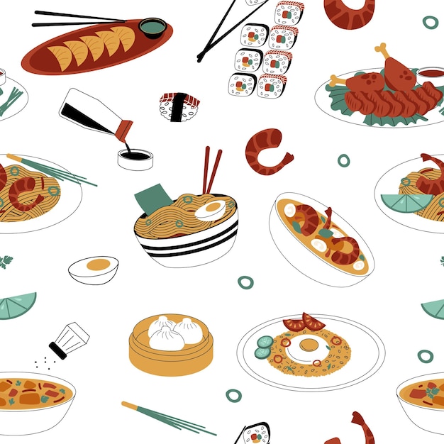 Patrón de comida asiática Impresión perfecta de sopa de comida picante oriental tradicional con fideos en tazón sushi arroz frito con salsas y especias Textura vectorial