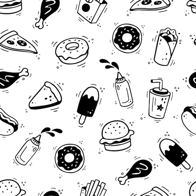 Patrón de comida rápida dibujado a mano de patrones sin fisuras con elementos de comida rápida hamburguesa pizza hot dog donut pierna de pollo papas fritas botella de salsa estilo de dibujo de garabato cómico ilustración vectorial