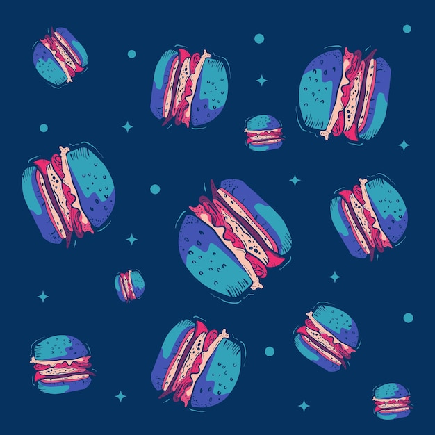 Patrón de comida rápida con hamburguesas de colores sobre fondo azul.