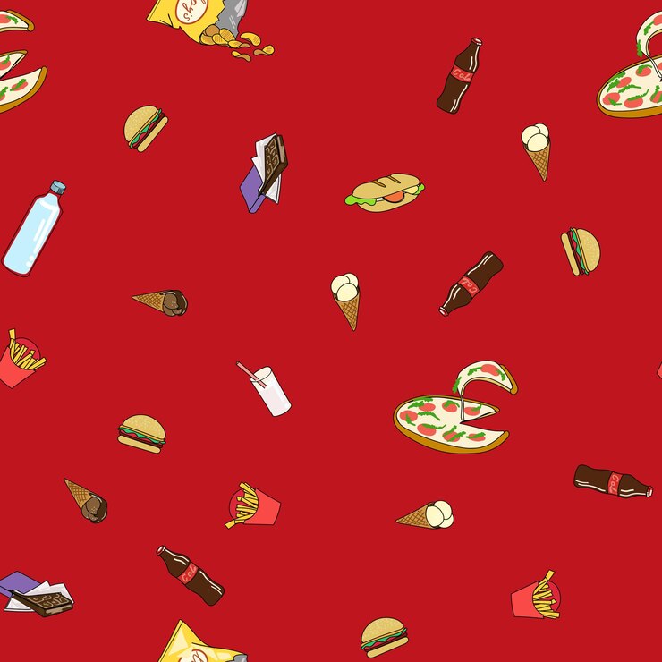 Vector patrón con comida rápida en un rojo brillante apetecible ilustración vectorial de fondo