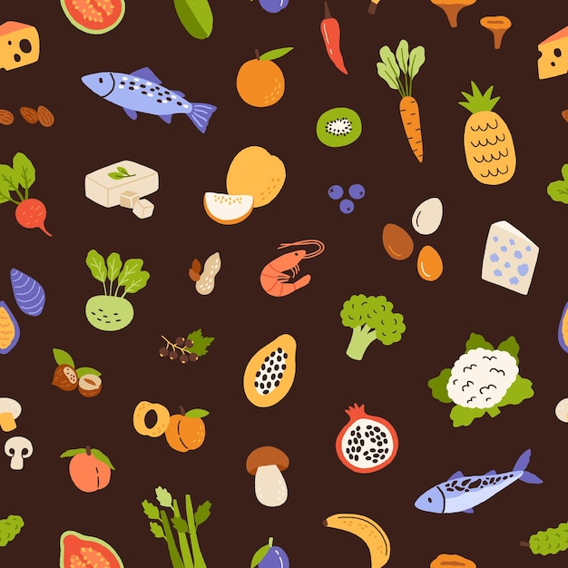 Patrón de comida saludable. Fondo transparente con verduras, frutas, pescados, mariscos, queso. Diseño de textura repetitiva con comestibles frescos. Ilustración de vector plano coloreado para impresión y decoración.