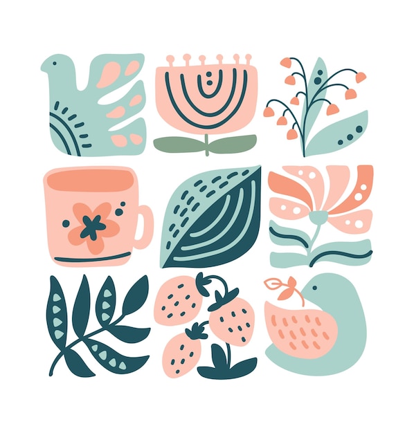 Patrón de composición de logotipo étnico de primavera vectorial de pájaro flor hoja fresa y rama Lindo boho