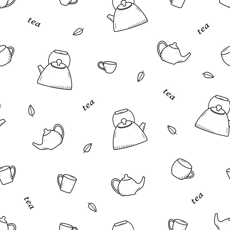Patrón de concepto de fiesta de té sin costuras Fondo vectorial de iconos de garabateo de tazas de tetera y hojas de té