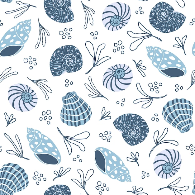El patrón de conchas marinas en colores azules y blancos Las vibraciones costeras de la playa de verano repiten el patrón El fondo de la vida marina La moda oceánica monocromática