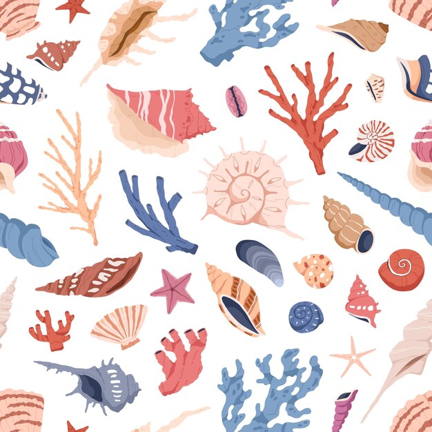 Patrón de conchas marinas, corales y conchas. fondo marino sin costuras con conchas, moluscos, vieiras, mariscos y estrellas de mar. impresión repetida sin fin para la decoración. ilustración vectorial dibujada en color