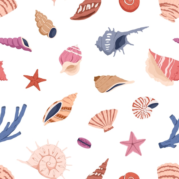 Patrón de conchas marinas. Fondo sin costuras con estampado repetido de conchas marinas. Diseño acuático marino. Textura infinita con mariscos, caracolas, almejas, moluscos. Ilustración de vector dibujado a mano color
