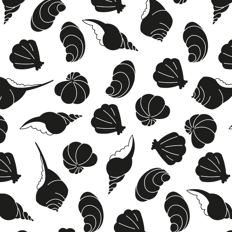 Vector patrón de conchas negras en un fondo transparente diseño marino conchas oceánicas patrón sin costura