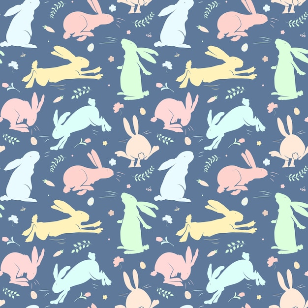 Patrón de conejos lindos Conejos coloridos fondo oscuro Estampado de primavera para envolver textiles de papel