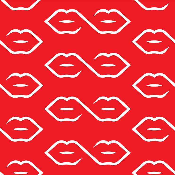 Vector patrón de conexión de labios de una línea contorno blanco sin costuras de labios sobre un fondo rojo