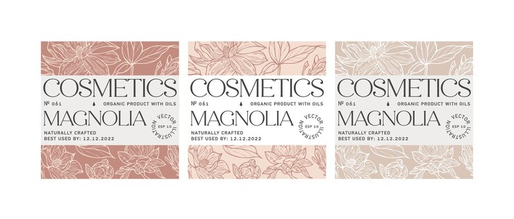 Patrón de conjunto de vectores para cosméticos con diseño de plantilla de etiqueta. Patrones o papel de regalo para paquetería y salones de belleza. Flores de magnolias. Cosmética orgánica y natural.
