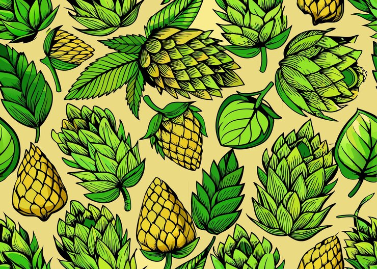 Vector patrón de conos de lúpulo de cerveza sin costuras con alcachofas verdes diseño temático de cerveza vintage