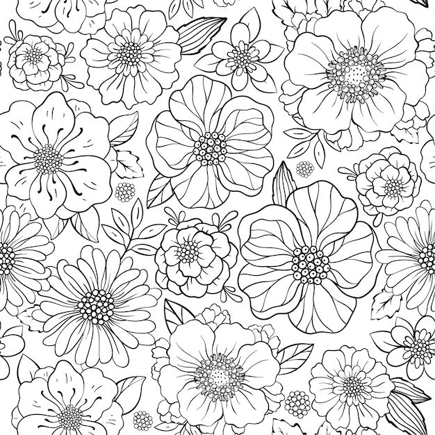 Patrón de contorno sin costuras con flores pequeñas dibujadas a mano Fondo floral Impresión vintage Ilustración vectorial