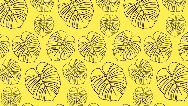Patrón de contorno sin costuras con hojas de monstera sobre un fondo amarillo
