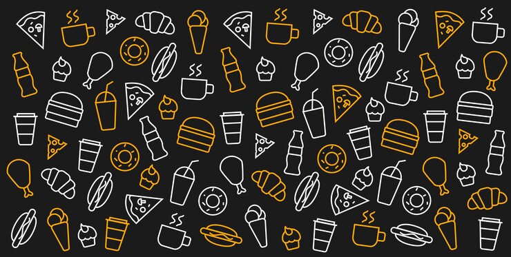 Vector patrón de contorno para un restaurante de comida rápida sobre un fondo oscuro burger pollo hot dog francés