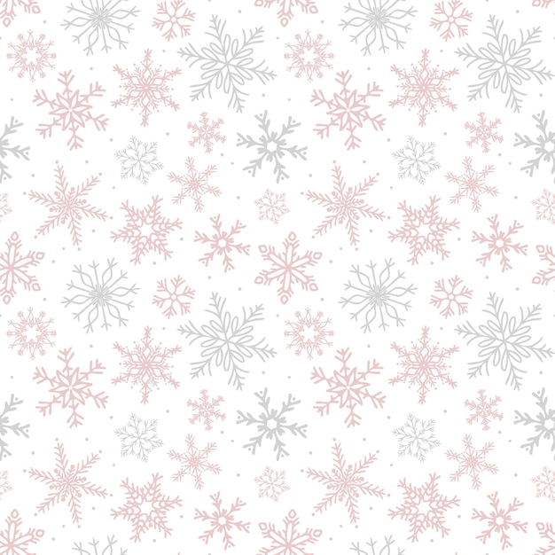 Patrón de copos de nieve de color rosa y gris dibujado a mano de vector siluetas de icono de nieve fondo para navidad invierno imprime saludos de temporada