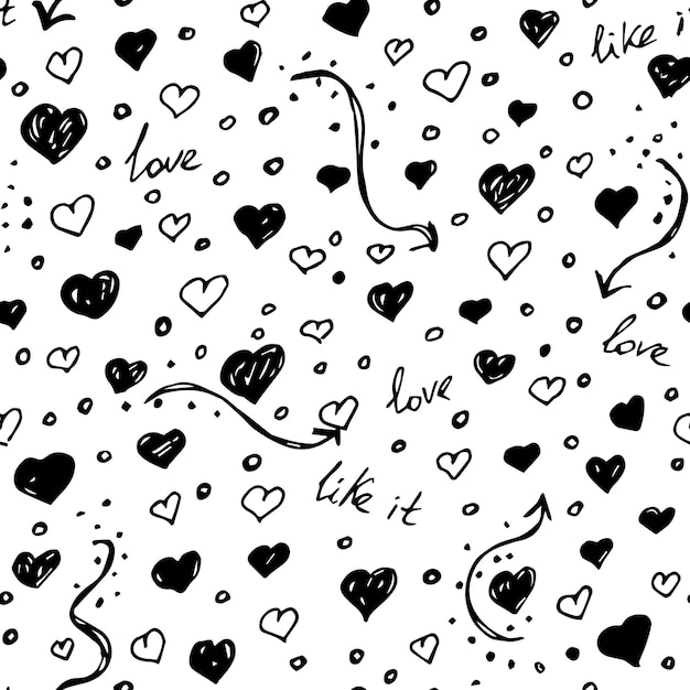 Patrón de corazones Abstracto sin costuras Corazones dibujados a mano Patrón vectorial en blanco y negro