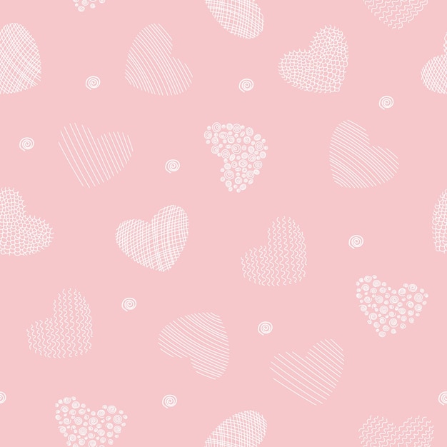 Patrón de corazones decorativos. Corazones blancos sobre un patrón sin costuras de fondo rosa.