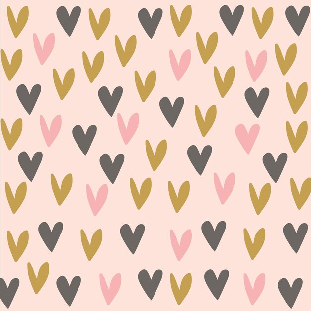 Patrón de corazones dorados rosados y grises con fondo rosado