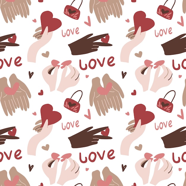 Patrón con corazones en manos de colores variados, candados y letras de amor sobre un fondo blanco
