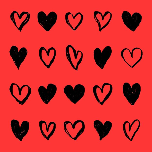 Patrón de corazones negros sobre un fondo rojo Las formas repetidas de corazones crean un diseño audaz con temas de corazones Los motivos de corazones se destacan contra el fondo rojo