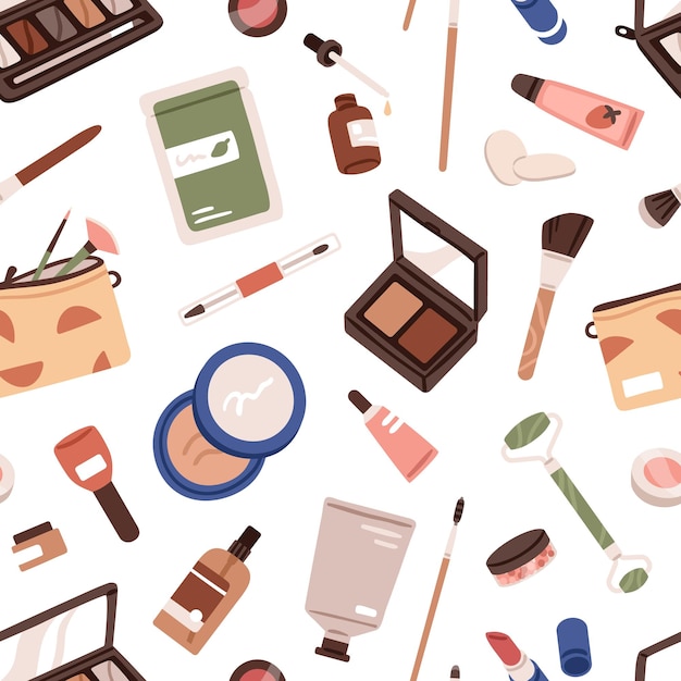 Patrón de cosméticos para maquillaje. Fondo sin costuras, impresión repetida con productos de maquillaje de belleza, accesorios. Diseño de textura sin fin. Ilustración vectorial plana imprimible para envolver, textil, decoración.