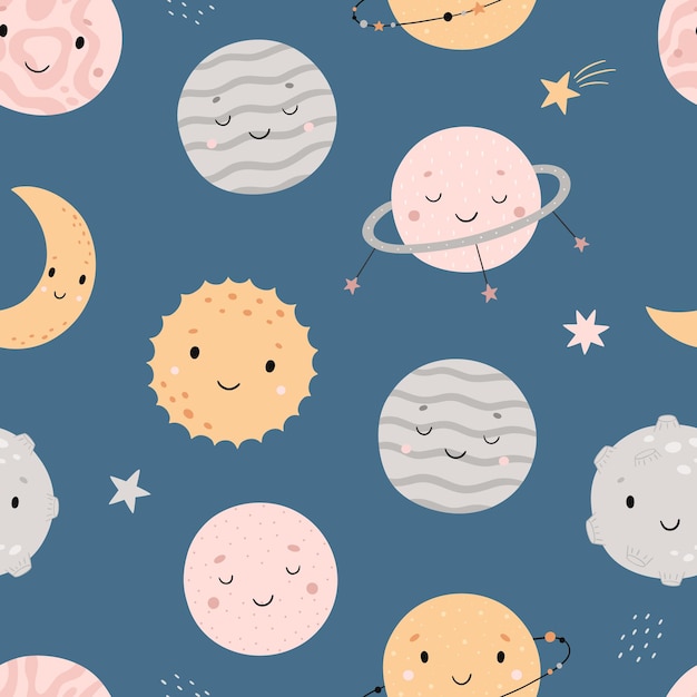 Patrón cósmico sin costuras Planetas y estrellas de dibujos animados lindos Ilustración vectorial