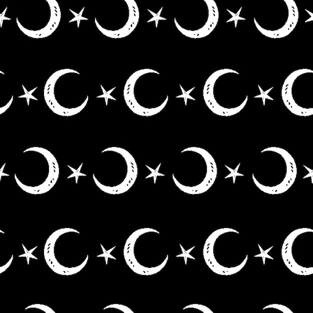 Patrón cósmico de crecientes y estrellas repetidas sobre un fondo negro