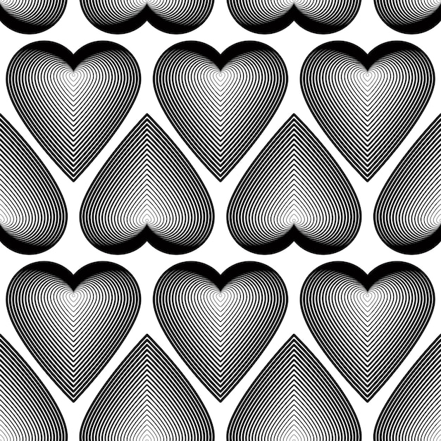 Patrón sin costura abstracto ilusorio en blanco y negro con figuras geométricas. Fondo simple simétrico vectorial con adorno de corazones.