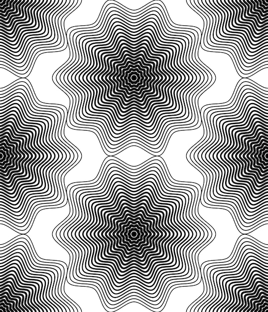 Patrón sin costura abstracto ilusorio en blanco y negro con figuras geométricas. Fondo simple simétrico vectorial.