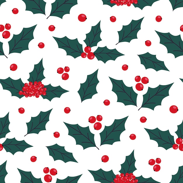 Patrón sin costura de acebo de Navidad con hojas verdes bayas rojas Feliz Año Nuevo acebo de acebo elementos florales para las vacaciones de invierno Ilustración vectorial dibujada a mano para papel tapiz tela de papel de envoltura