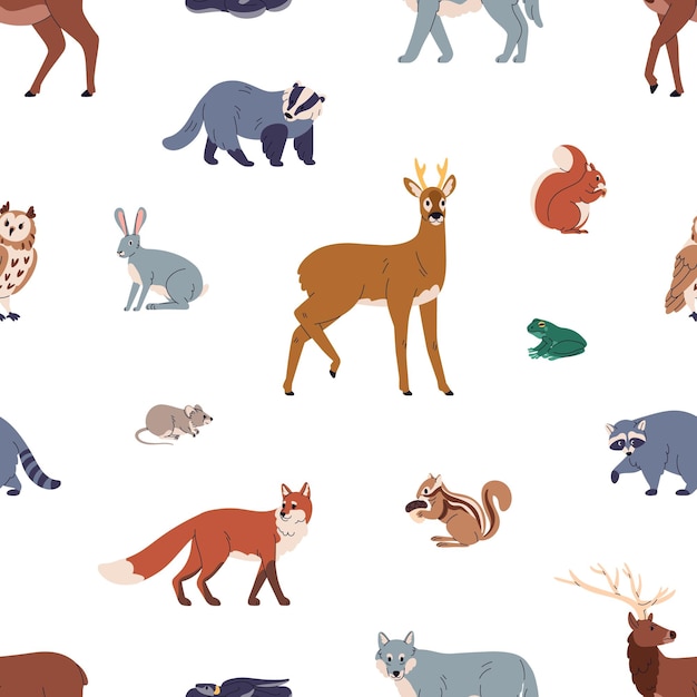 Patrón sin costura, animales del bosque que repiten la impresión. Bestias salvajes, diseño de fondo sin fin, especies de vida silvestre. Fauna europea, naturaleza, papel pintado repetible, textil, tela. Ilustración vectorial plana
