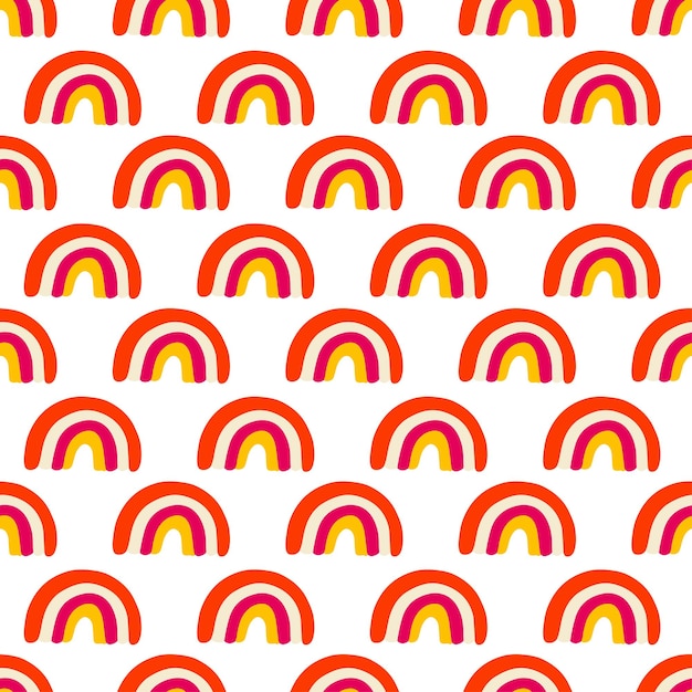Patrón de costura de arco iris boho. Fondo de ornamento abstracto geométrico rosa, rojo y amarillo.