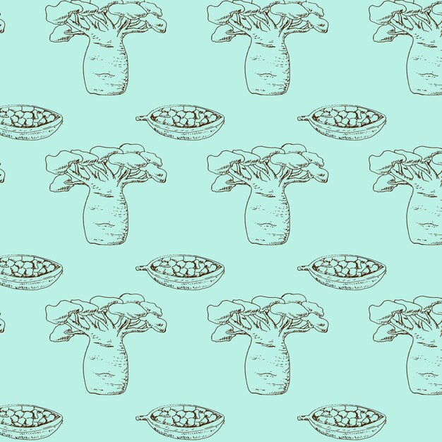 Vector patrón sin costura azul con frijoles de baobab y árbol