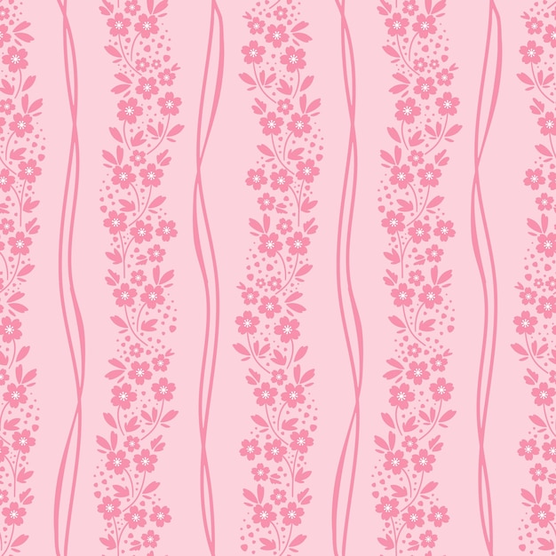 Patrón sin costura boho con flores rosas y líneas onduladas