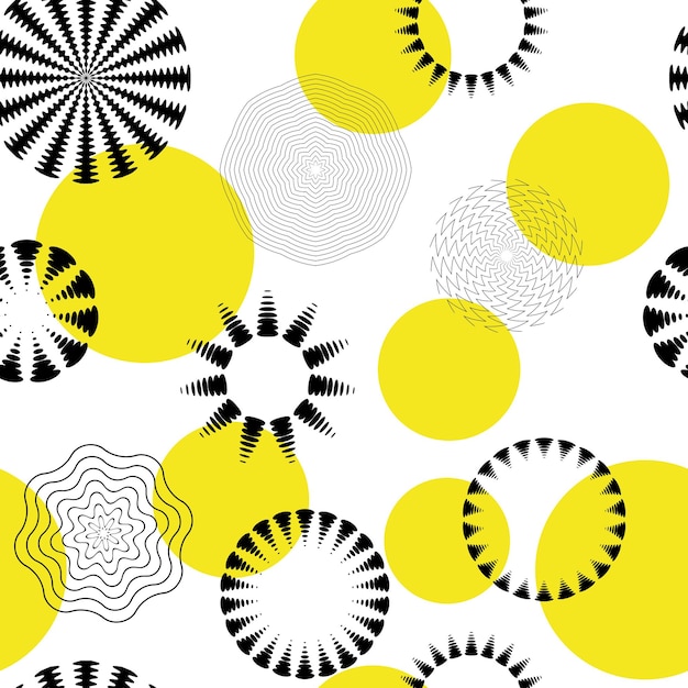 Patrón sin costura círculo negro y amarillo formas geométricas conjunto de círculos de diferentes texturas